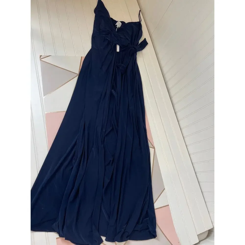 NWT Misa Los Angeles Navy Ever Maxi Dress Leg Slit Revolve Halter Cut Out Size M